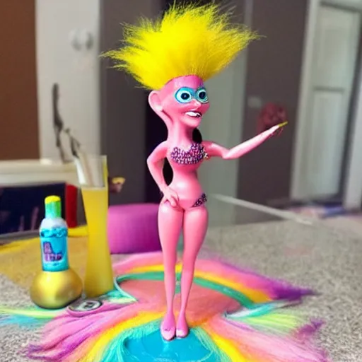 Image similar to Troll doll toy with lots of money drinking a martini with high heels and a bikini, and bright hair.