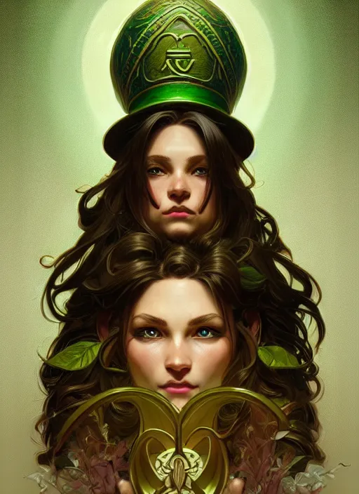 Image similar to symmetry portrait of leprechaun, intricate, elegant, highly detailed, digital painting, artstation, concept art, smooth, sharp focus, illustration, art by artgerm and greg rutkowski and alphonse mucha, 8 k