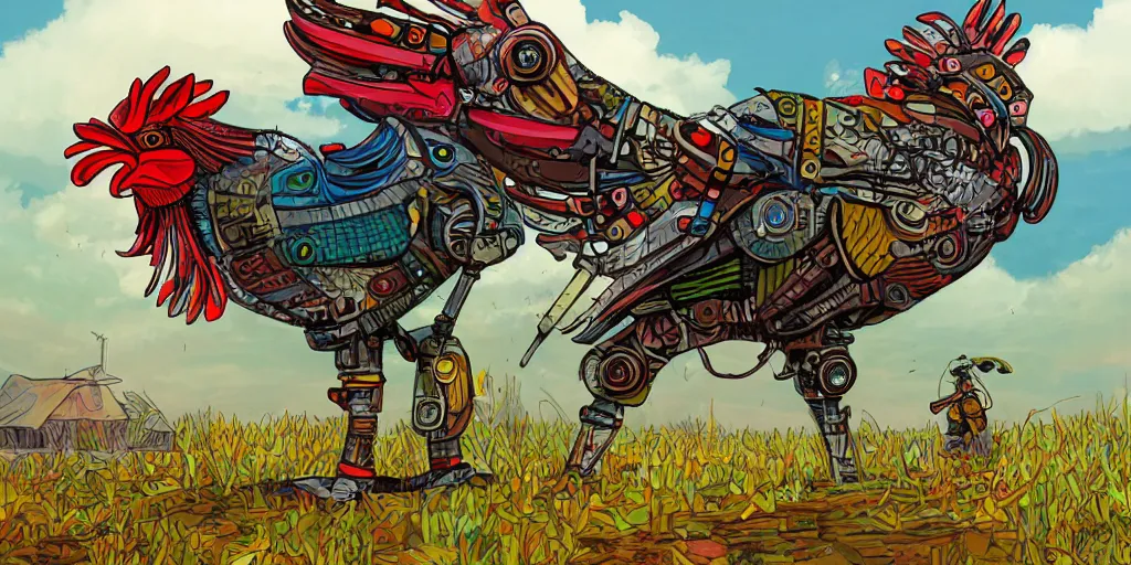 Image similar to colorful illustration of a fully armoured mechanical rooster in a farm landscape, dieselpunk, mix of styles