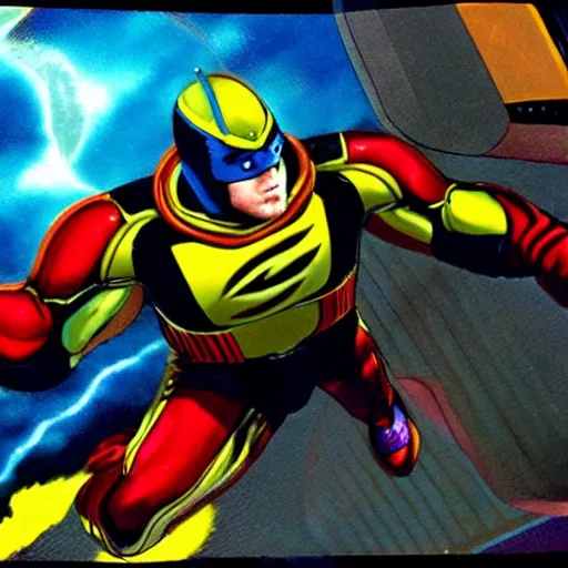 Image similar to captain falcon jumping out of the blue falcon by michael bay, fzero, realistic
