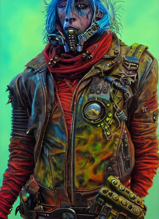 Prompt: an apocalyptic scifi orcish biker character, fashionable standing pose, professional photo, psychedelic vibrant colors, futuristic punk rock fashion, highly detailed oil painting by michael whelan art, perfect expressive face, sharp focus, detailed eyes, realistic, leather jacket, 8 k, michael whelan art