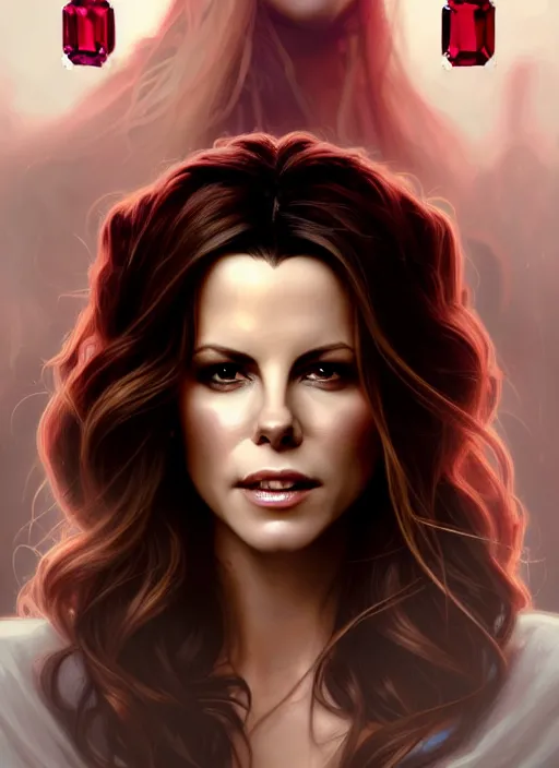 Prompt: portrait of kate beckinsale as a vampire queen, jewelry, greek, ruby, intricate, headshot, highly detailed, digital painting, artstation, concept art, sharp focus, cinematic lighting, illustration, art by artgerm and greg rutkowski, alphonse mucha, cgsociety