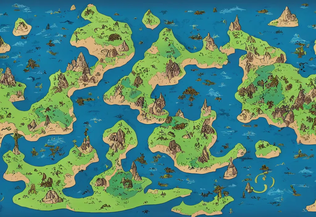 Prompt: fantasy world map, full colour, modern graphic design, video game, gouache, animated film, stylised, illustration, by eyvind earle, scott wills, genndy tartakovski,