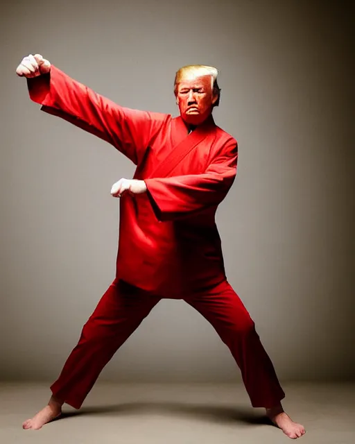 Image similar to Donald Trump practicing karate at the Shaolin temple, photorealistic, studio lighting, photographed in the style of Annie Leibovitz