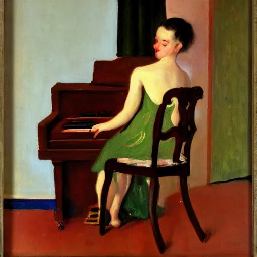 Prompt: a portrait of a girl leaning over tha back of a chair, behind her is a piano, by john french sloan