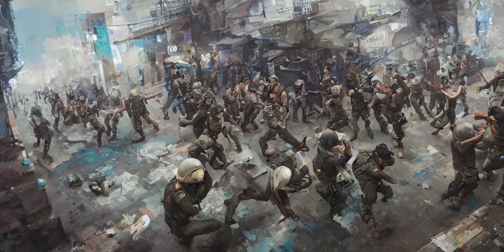 Image similar to street art mural of a military police arresting protestors by Peter Mohrbacher, James Jean, Craig Mullins, Ross Tran, Hiroshi Yoshida, Mark Simonetti