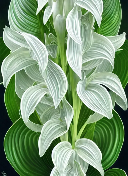 Image similar to perfectly detailed hosta plants and flowers!! blessed by nature with ever - increasing physical mental perfection, symmetrical! intricate, sensual features, highly detailed, biblical divine holy perfection!! digital painting, artstation, concept art, smooth, sharp focus, illustration, art by artgerm and greg rutkowski and alphonse mucha