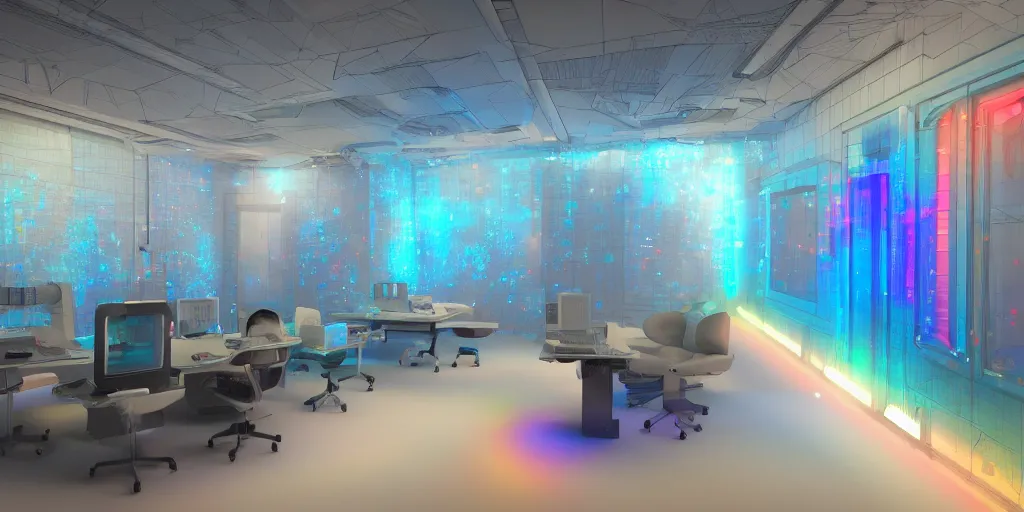 Image similar to a photorealistic futuristic 3D room with four walls covered with rainbow glowing CRT computer monitors with snowy screens embedded into the wall, Trending on artstation, cinematic lighting from the right, hyper realism, octane render, 8k, depth of field, 3D