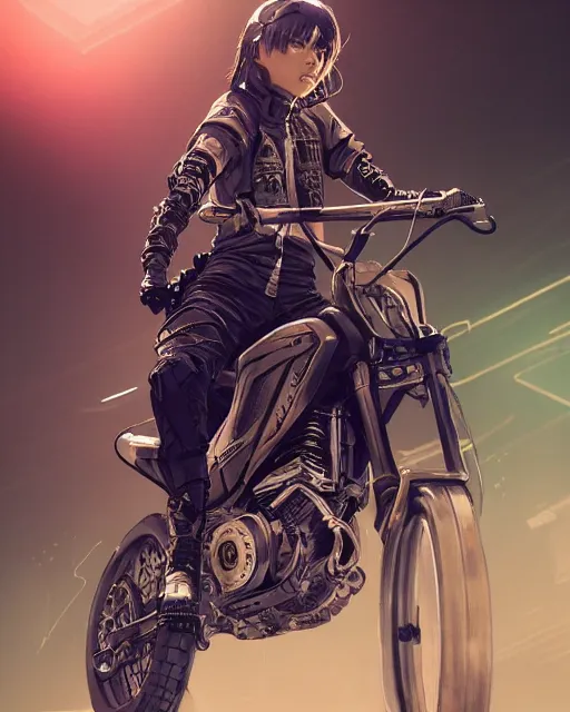 Image similar to cool girl wearing cyberpunk intricate streetwear riding dirt bike, beautiful, detailed portrait, cell shaded, 4 k, concept art, by wlop, ilya kuvshinov, artgerm, krenz cushart, greg rutkowski, pixiv. cinematic dramatic atmosphere, sharp focus, volumetric lighting, cinematic lighting, studio quality