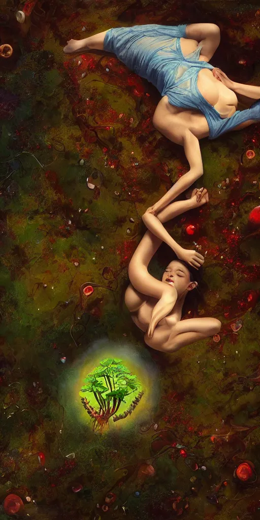 Prompt: top view, full body, lying mulatto girl with beautiful face inside the venus flytrap, gorgeous, intricate, volumetric lighting, scenery, digital painting, highly detailed, artstation, concept art, ruan jia, steve mccurry, ultra detailed painting at 16K resolution and epic visuals, epically surreally beautiful image, amazing effect