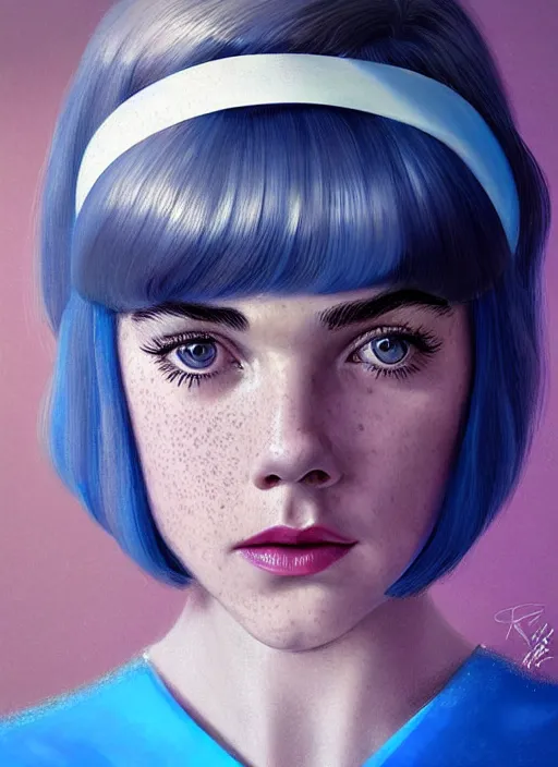 Image similar to portrait of kiernan shipka with freckles, white hair, big 1 9 6 0 s bob hairstyle with bangs and hairband, blue 1 9 6 0 s dress, intricate, elegant, glowing lights, highly detailed, digital painting, artstation, concept art, smooth, sharp focus, illustration, art by wlop, mars ravelo and greg rutkowski