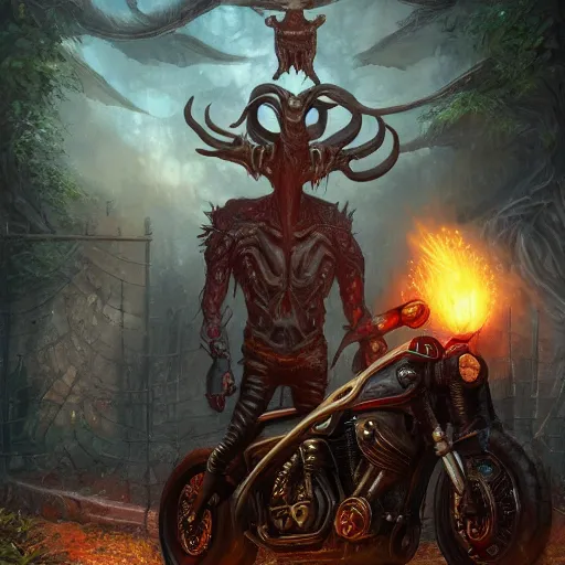 Prompt: a Mindflayer in a leather jacket and speedos is standing beside a demonic motorcycle, garden, fullbody, summer, 8k resolution matte fantasy painting, cinematic lighting, DeviantArt, Artstation, Jason Felix Steve Argyle Tyler Jacobson Peter Mohrbacher