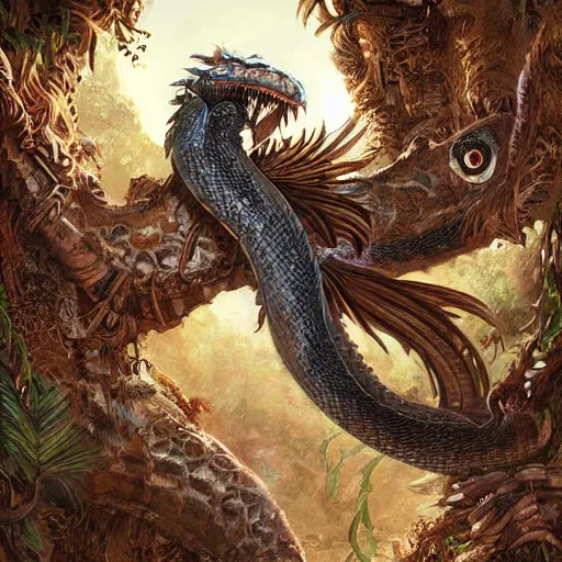 Image similar to digital painting of gigantic feathered snake, by filipe pagliuso and justin gerard, jungle, fantasy, highly detailed, ominous, intricate, snake, feathers, fangs, mayan