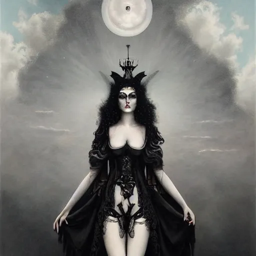 Prompt: By Tom Bagshaw, ultra realist soft painting of a curiosities carnival by night, very beautiful female dollpunk in full gothic dress, symmetry accurate features, very intricate details, omnious sky, black and white, volumetric light clouds