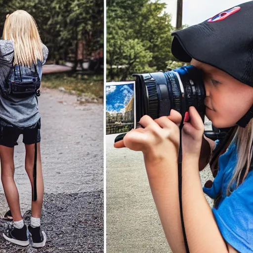 Image similar to young male photographer and young blonde female photographer comparing photos of small town real life, 8 k, 4 k uhd, realistic, hyper realistic, super detailed, very detailed, detailed