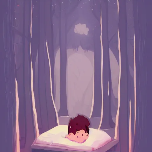 Prompt: a beautiful illustration of a sleepy little cute boy going to his bed in a beautiful forest, digital art, trending on artstation