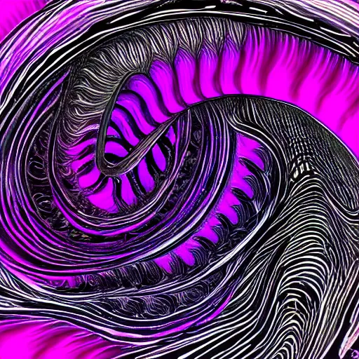 Prompt: woman silhouette, black ink, in the foreground of an abstract acrylic of a spiral vortex, chaotic fractal patterns, cells, purple magenta blue iridescent colors, dynamic curves, pouring techniques, artstation, pinterest