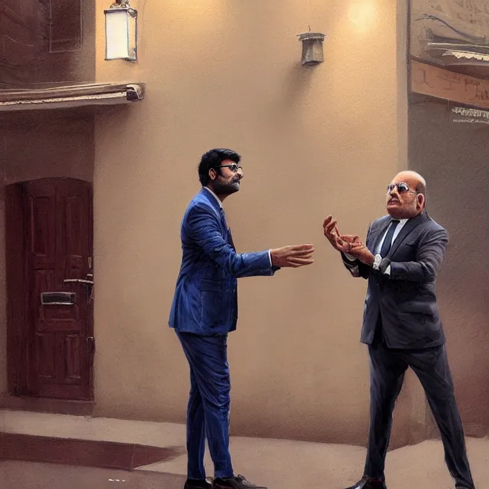 Prompt: portrait of tall indian man in a suit arguing with danny devito outside a bar, elegant, real life skin, intricate artwork, high detailed, artstation, concept art, smooth, sharp focus, art by artgerm and greg rutkowski