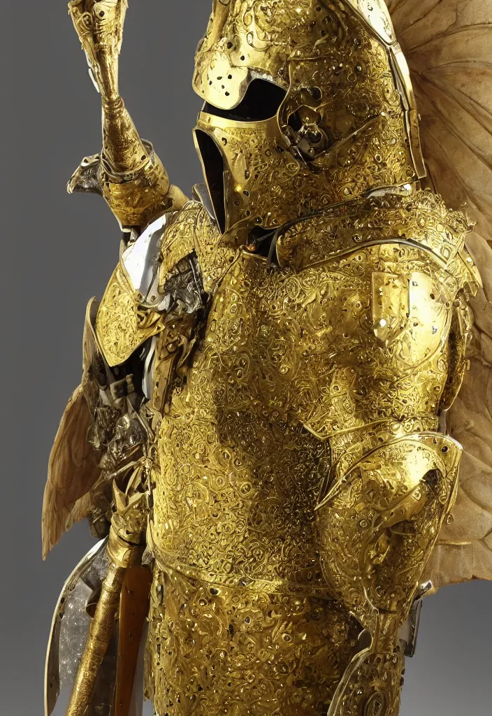 Prompt: holy knight wearing golden and white intricate armour, wings on the helm, fantasy