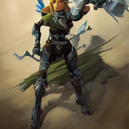 Image similar to greg manchess portrait painting of armored female link from legend of zelda as overwatch character, medium shot, asymmetrical, profile picture, organic painting, sunny day, matte painting, bold shapes, hard edges, street art, trending on artstation, by huang guangjian and gil elvgren and sachin teng