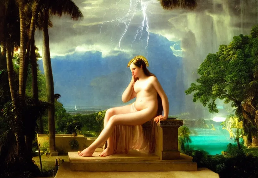 Image similar to Girl at the palace, refracted sparkles, thunderstorm, greek pool, beach and Tropical vegetation on the background major arcana sky, by paul delaroche, hyperrealistic 4k uhd, award-winning, very very very detailed