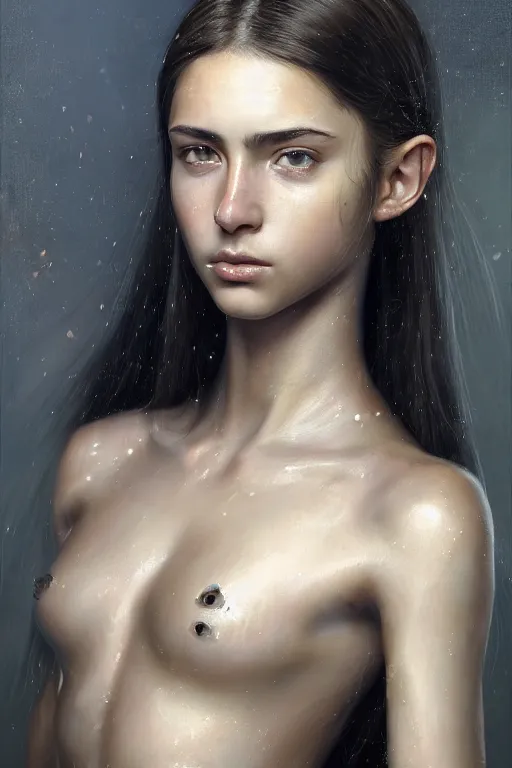 Prompt: a photorealistically painted portrait of an attractive young girl, partially clothed in military battle armor, with an abstractly painted background, flawless olive skin, fair complexion, long dark hair, beautiful bone structure, perfectly symmetric facial features, perfect photorealistic eyes, natural physique, intricate, elegant, digital painting, concept art, finely detailed, beautifully illustrated, sharp focus, minimal artifacts, volumetric lighting, from Halo, by Ruan Jia and Mandy Jurgens and Artgerm and William-Adolphe Bouguerea, in the style of Greg Rutkowski, trending on Artstation, award winning art