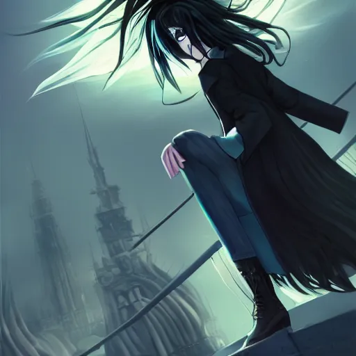 Image similar to low - angle shot from behind of a long blue - haired girl in a tailcoat overlooking demacia, combat boots, noir, screenshot, sharp focus, intricate, illustration, cell shaded, digital painting, highly detailed, straight hair, art by ilya kuvshinov, wlop, greg rutkowski, studio quality, james jean