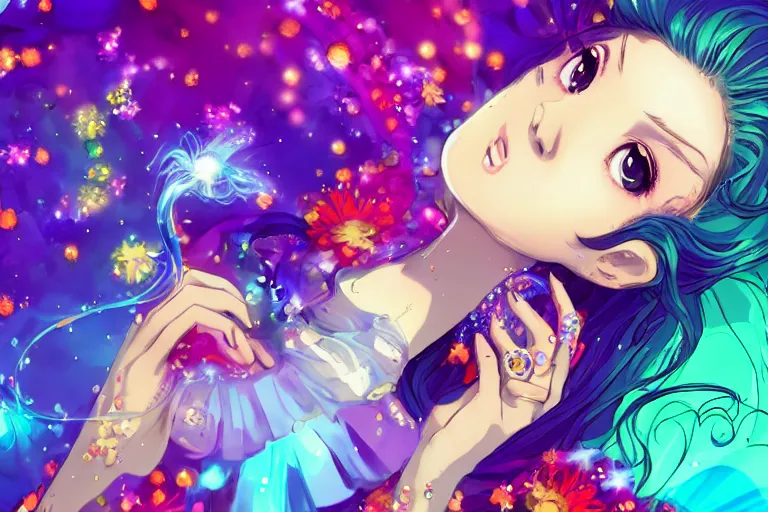 Image similar to psychedelic, whimsical, anime, 4k, beautiful intimate woman blowing smoke, with professional makeup, long trippy hair, a crystal and flower dress, sitting in a reflective pool, surrounded by gems, underneath the stars, rainbow fireflies, trending on patreon, deviantart, twitter, artstation, volumetric lighting, heavy contrast, art style of Ross Tran and Viktoria Gavrilenko and Ilya Kuvshinov