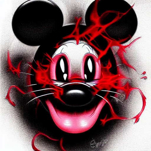 Prompt: Portrait of an evil looking Mickey Mouse, red flames in eyes, fantasy, D&D, horror, creepy, twisted, intricate, highly detailed, digital painting, trending on artstation, sharp focus, illustration, style of Stanley Artgerm