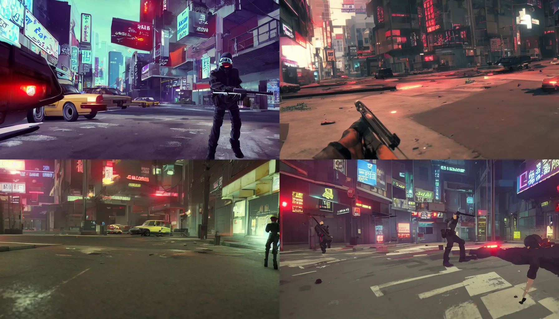 Prompt: a screenshot of a shootout between cops and robbers at night in a multiplayer stealth first person bank robbery simulator game, Set in 1988 Osaka, anime style graphics inspired by Akira + Heat + FLCL, Unreal engine 5, Highly Detailed, Vibrant, created by Arc System Works + Hideo Kojima + Studio Gainax