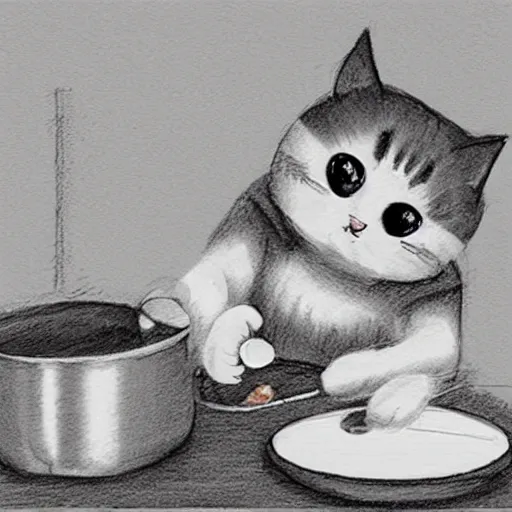 Image similar to a cute cat cooking a breakfast, sketch, high quality