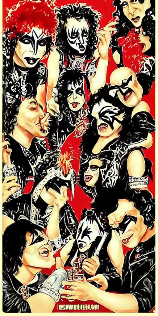 Prompt: Kiss style Rock and Roll poster, animals playing poker