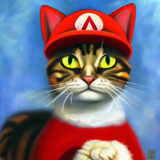 Image similar to A beautiful oil painting of a Cat wearing a Super Mario Hat, nintendo, box art, intricate, volumetric lighting, summer, hyperrealistic, colorful, hyperdetailed.