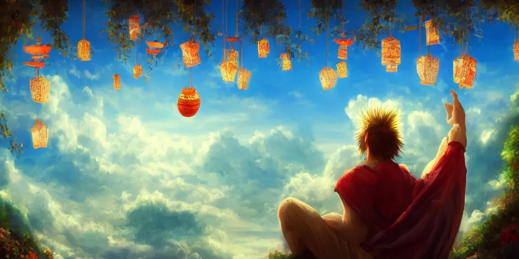 Image similar to painting of wind god enjoying the view from his heavenly palace, decorated with windchimes and paper lanterns, nature and clouds in background, digital art, artstation