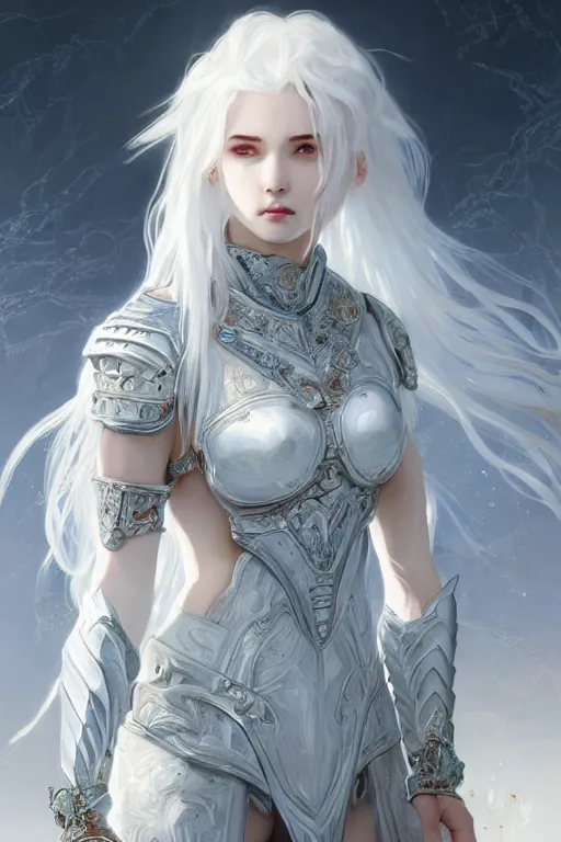 Image similar to portrait white hair knights of zodiac girl, sliver ice color reflected armor, in ruined agora of athens sunrise, ssci - fi and fantasy, intricate and very very beautiful and elegant, highly detailed, digital painting, artstation, concept art, smooth and sharp focus, illustration, art by tian zi and wlop and alphonse mucha