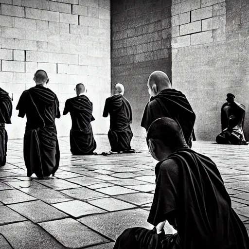Prompt: 5 monks kneeling with wires coming out of the back of their heads connecting them to a computer, dark shadowy surroundings, dystopian scifi, horror, Stefan Koidl inspired