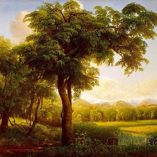 Image similar to tropical fruit trees and white milk river, wide shot, golden hour, landscape painting by ivan shishkin