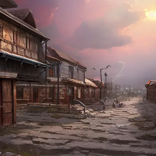 Prompt: matte painting of russian small town in the steppes by marc simonetti