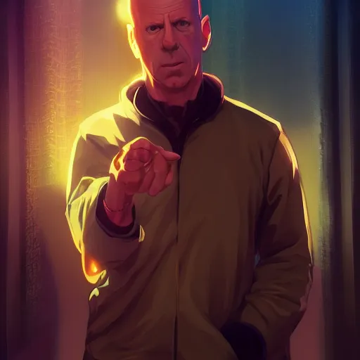 Image similar to M. Night Shyamalan as Bruce Willis in Sixth Sense, ambient lighting, 4k, anime key visual, lois van baarle, ilya kuvshinov, rossdraws, artstation