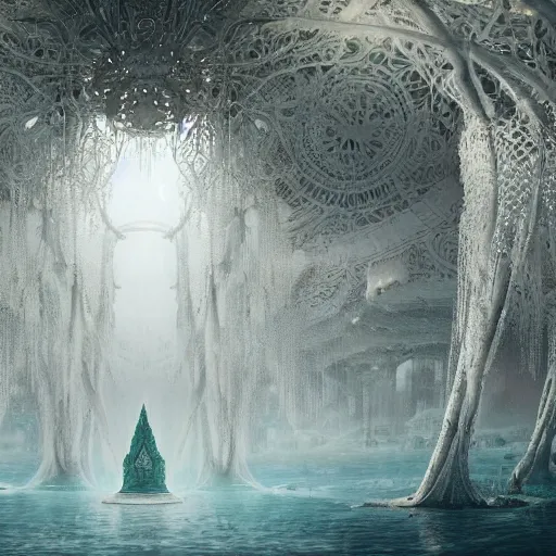 Image similar to under an white intricate like lace epic forest suspended in the air upside down, a white pool with intricate epic circles of water within floating female robots, dressed in intricate veils and jewels, and an intricate mythological underwater city, epic environment, matte painting, diffused lighting, highly detailed, cinematic, epic atmosphere, digital art, trending on artstation, wide angle