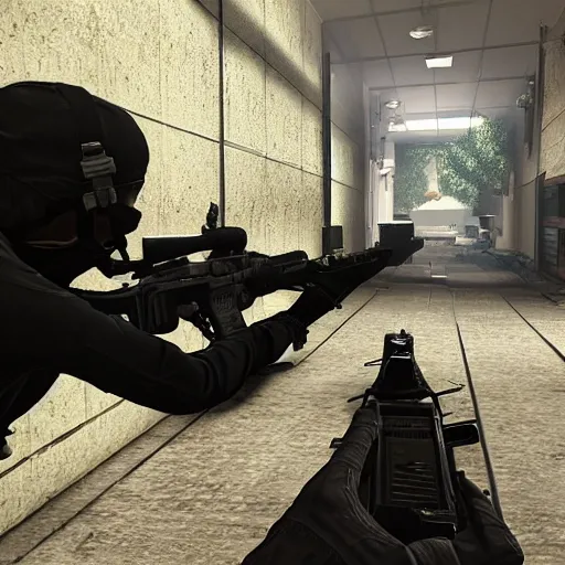 Image similar to screenshot of video game, call of duty, first person perspective, holding machine gun, inside elementary school, children are sat down