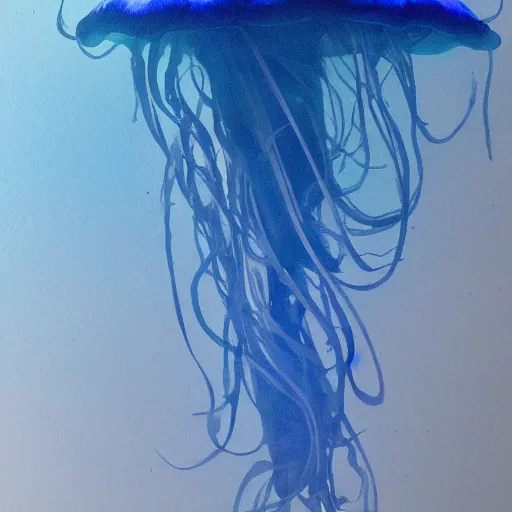 Image similar to illustrious atmospheric illustration of a jellyfish floating underwater by xi zhang, bob ringwood, camille - pierre pambu bodo, 2 d art, concept art, blue pigment, waves, mist