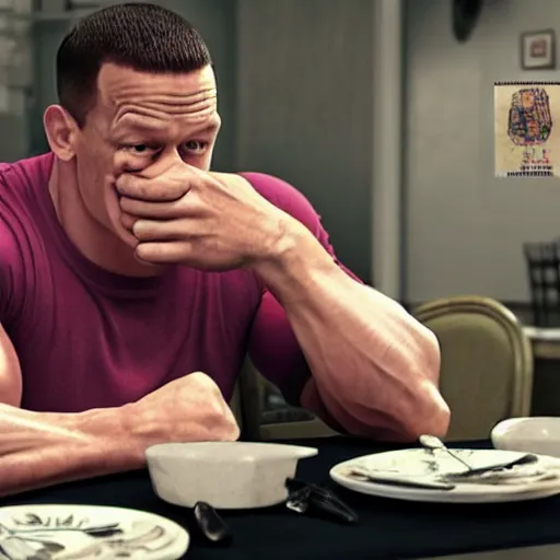 Image similar to john cena sitting at a table breaking down and crying about the fact that his social credit score has gone down for the 5 0 th time this week realistic hyperrealistic 4 k resolution 8 k resolution highly detailed very detailed extremely detailed hd quality detailed face very detailed face extremely detailed face trending on artstation