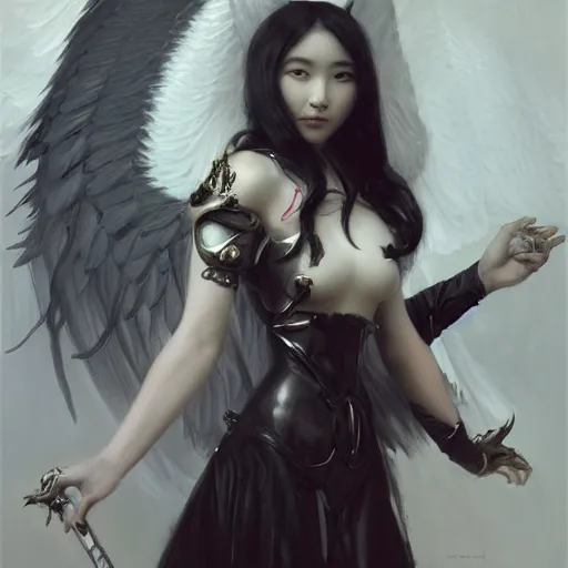 Image similar to Beautiful pale angelic goth asian girl with angel wings and devil\'s horns, warhammer 40000 masterpiece 4k digital illustration by Ruan Jia and Mandy Jurgens and Artgerm and william-adolphe bouguereau, highly detailed, trending on artstation, award winning,