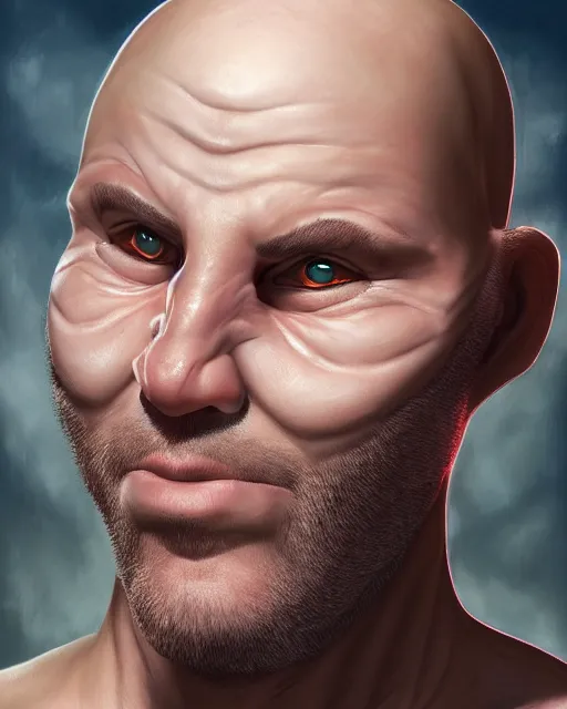 Prompt: portrait of a 4 0 - year - old bald man, with a white complexion, wide, cat - like scarlet eyes, a nose flat like a snake's nose, and a thin mouth, wearing in black clothes, hyper realistic face, beautiful eyes, character art, art by mark brooks, hyperdetailed, cryengine, trending on artstation, digital art