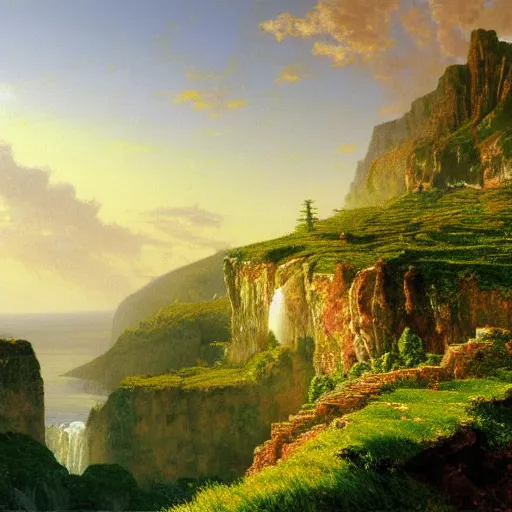 Prompt: beautiful ultra detailed realistic oil painting of a a castle high up on the edge of a cliff with a waterfall underneath, rolling hills, emerald green grass with colorful sky, magic rift glowing with orange energy light, by albert bierstadt, makoto shinkai, raphael lacoste, and george caleb bingham, concept art wallpaper 4 k