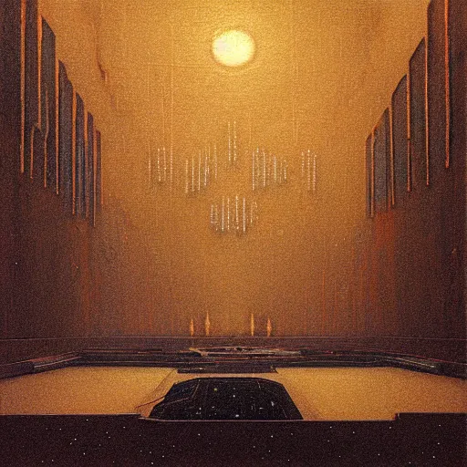 Image similar to minimal painting of bladerunner interior room with celestial ephemeral ornaments and hr giger architecture, artstation, beksinski, cinematic