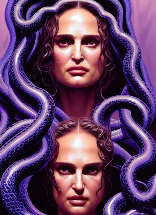 Image similar to Medusa, Natalie Portman, lots of snakes, portrait, very detailed, dramatic lighting, electrical details, high details, 4k, 8k, trending on artstation, by Greg Rutkowski, Wayne Barlowe, Hajime Sorayama and Boris Vallejo