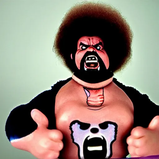 Image similar to screaming chucky doll wwf andre the giant bob ross