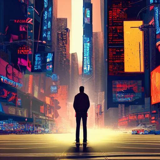 Prompt: An illustration of a cyberpunk world in New york, photorealistic, there's a man standing in front of new york, 8k, digital art